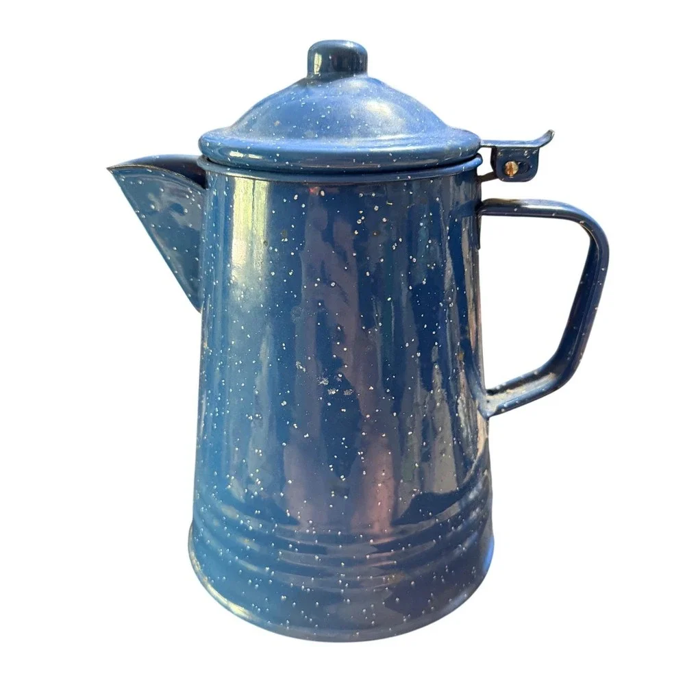 Vintage Tres Blue Speckled Enamelware Coffee Pot Pitcher Mexico Graniteware